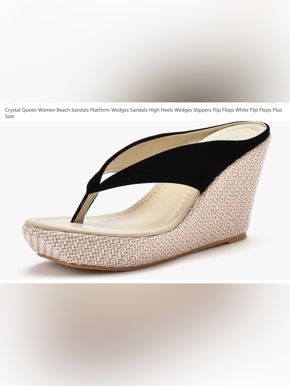 Black Wedge Thong Sandals with Natural Rope-Textured Platform